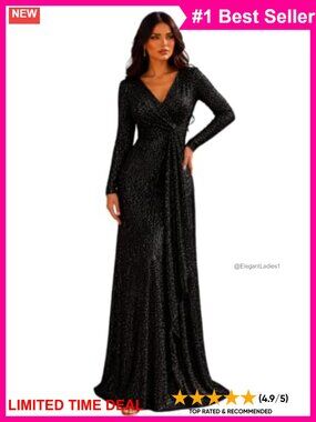 Long Sleeve Sequin Maxi Dress V Neck Formal Evening Gown with Slit